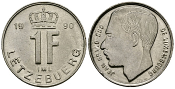 Люксембург 1 франк 1990 Герцог Жан (1964-1999) KM 63 сталь плакированная никелем 4136-865