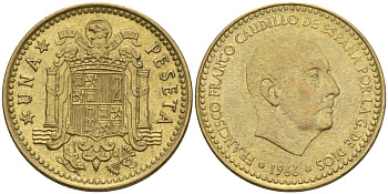 Испания 1 песета 1966 (75) Франсиско Франко (1939-1975) KM 796 алюминиевая бронза 4604-414