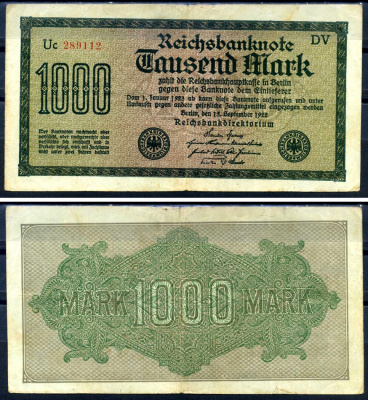 Германия 1000 марок 1922 выпуск 15 сентября 1922, водяной знак J, зеленая бумага, серия DV, буква Uc Pick 76 g (1) бумага 6279-31-1-2