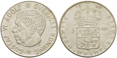 Швеция 1 крона 1962 U, Густав VI Адольф (1950-1973) KM 826 серебро 175-1133