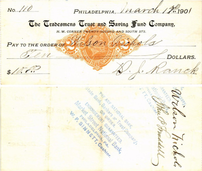 США чек на 10 долларов 1901 Филадельфия бумага 6287-35-2-2