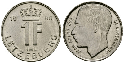 Люксембург 1 франк 1990 Герцог Жан (1964-1999) KM 63 сталь плакированная никелем 4136-865