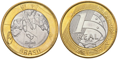Бразилия 1 реал 2014 XV летние Паралимпийские игры, Рио-де-Жанейро 2016 - Паратриатлон KM 689 биметалл UNC 4139-511