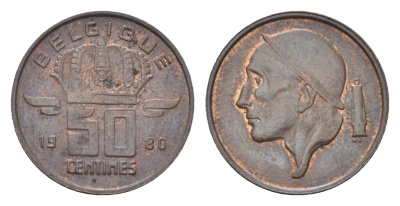 Бельгия 50 сантимов 1980 Belgique, Бодуэн I (1951-1993) KM 148 бронза 4705-229