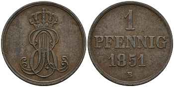 Ганновер 1 пфенниг 1851 B, Эрнст Август (1837-1851) KM 201.1, AKS 129, J. 74 медь 4608-1069