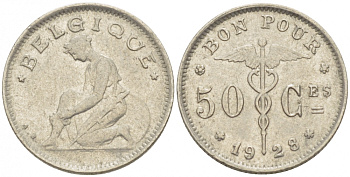БЕЛЬГИЯ 50 САНТИМОВ 1928 BELGIQUE KM 87 никель 261-1622