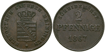 Саксен-Мейнинген 2 пфеннига 1867 Георг II (1866-1914) KM 174 медь 99-652