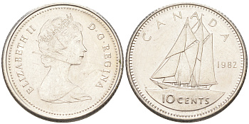 КАНАДА 10 ЦЕНТОВ 1982 ПАРУСНИК KM 77.2 никель 188-1029