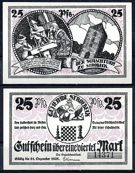 Штрёбек (Пруссия, Саксония) 25 пфеннигов 1921 Mehl Grabowski 1285.1a-1/3 бумага UNC (пресс) 7556-61-1-1