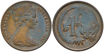 Австралия 1 цент 1971 Елизавета II, опоссум KM 62 бронза    4598-538