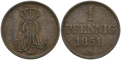 Ганновер 1 пфенниг 1851 B, Эрнст Август (1837-1851) KM 201.1, AKS 129, J. 74 медь 4608-1069