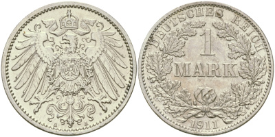 Германия 1 марка 1911 A Weege 18, J. 17, KM 14 серебро aUNC 65-236