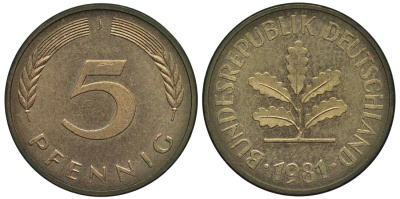 ФРГ 5 ПФЕННИГОВ 1981 J KM 107, Jager 382 сталь плакированная латунью 4547-762