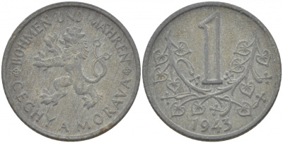 БОГЕМИЯ И МОРАВИЯ 1 КРОНА 1943 ГЕРМАНСКИЙ ПРОТЕКТОРАТ KM 4 цинк 4402-343