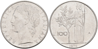 ИТАЛИЯ 100 ЛИР 1974 R, АФИНА КМ 96.1 нержавеющая сталь 4572-615
