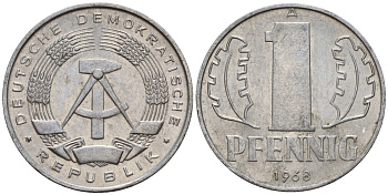 ГДР 1 пфенниг 1968 A KM 8.1 алюминий 100-362
