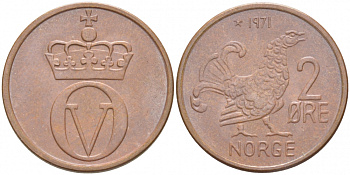 НОРВЕГИЯ 2 ЭРЕ 1971 КУРИЦА, ОЛАВ V (1957-1991) KM 410 бронза 3457-812