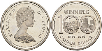 КАНАДА 1 ДОЛЛАР 1974 100 ЛЕТ ГОРОДУ ВИННИПЕГ (1874-1974) KM 88 никель UNC 63-541
