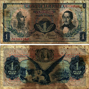 Колумбия 1 песо 1974 7 августа 1974, Симон Боливар, генерал Франсиско де Паула Сантандер Pick 404е бумага 7553-3-4-1