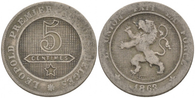 БЕЛЬГИЯ 5 САНТИМОВ 1863 BELGES KM 21 медно-никель 68-732