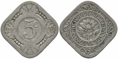 НИДЕРЛАНДЫ 5 ЦЕНТОВ 1914 ВИЛЬГЕЛЬМИНА (1890-1948) KM 153 медно-никель 112-449