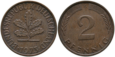 ФРГ 2 пфеннига 1973 G KM 106а, J.381а сталь плакированная медью 99-218
