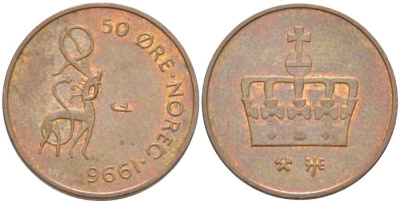 Норвегия 50 эре 1996 Харальд V (1991- ) KM 460 бронза 213-714