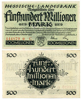 Германия, Дармштадт 500000000 марок (500 миллионов) 1923 1 октября 1923, нотгельд, земля Гессен, номер, снежинка, серия С, Hessesche Landesbank Keller 956е  бумага  аUNC  8613-21-1-1