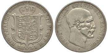 Брауншвейг-Каленберг-Ганновер 1 талер 1851 B, Эрнст Август (1837-1851) КМ 209.2, Jaeger 63, Kahnt 224, AKS 134 серебро 413-4122