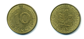 ФРГ 10 ПФЕННИГОВ 1982 J KM 108, J.383 сталь плакированная латунью 46-1331