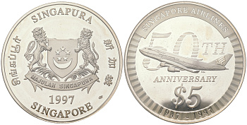Сингапур 5 долларов 1997 50 лет Сингапурским авиалиниям KM 151 a серебро  PROOF  1091-2-64