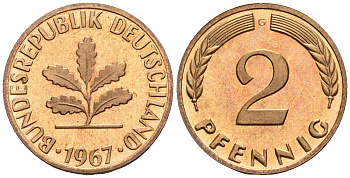 ФРГ 2 пфеннига 1967 G KM 106, J.381 бронза PROOF 1094-7-85