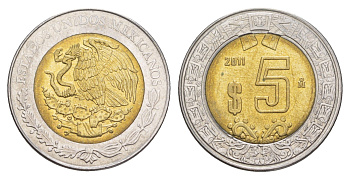 Мексика 5 песо 2011 Mo KM 605 биметалл aUNC 4637-657