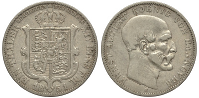 Брауншвейг-Каленберг-Ганновер 1 талер 1851 B, Эрнст Август (1837-1851) КМ 209.2, Jaeger 63, Kahnt 224, AKS 134 серебро 413-4122