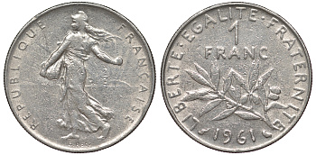 Франция 1 франк 1961 сеятель KM 925.1 никель 25-2347
