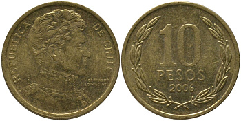 Чили 10 песо 2006 L KM 228.2, Schon 82 алюминиевая бронза 4544-742