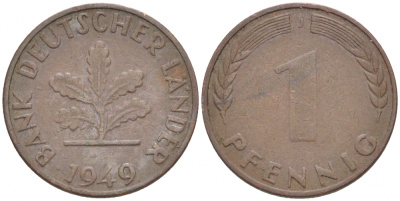 ФРГ 1 ПФЕННИГ 1949 J KM А101, J.376 сталь плакированная медью 3718-211
