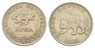 Хорватия 5 кун 2000 бурый медведь, легенда на латинском KM 23 медь цинк никель 4514-852
