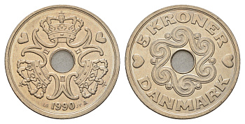 Дания 5 крон 1990 Маргрете II (1972-2024) KM 869 медно-никель UNC 175-734