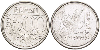Бразилия 500 крузейро 1992 морская черепаха KM 624 нержавеющая сталь 4396-411