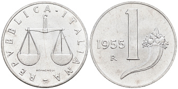 Италия 1 лира 1955 R, весы KM 91 алюминий  UNC  4594-654