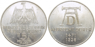 ФРГ 5 марок 1971 D, 500 лет со дня рождения Альбрехта Дюрера KM 129, J. 410 серебро 109-641