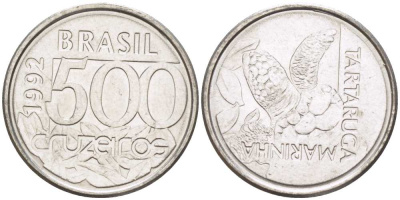 Бразилия 500 крузейро 1992 морская черепаха KM 624 нержавеющая сталь 4396-411