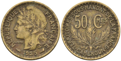 Французский Камерун 50 сантимов 1925 (а), монетный двор Париж KM 1 алюминиевая бронза 4164-1225