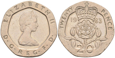 Великобритания 20 пенсов 1983 Елизавета II (1952-2022) KM 931, Spink 4230 (G1) медно-никель 4116-817