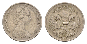 Австралия 5 центов 1970 Елизавета II (1952-2022) молодой портрет, ехидна KM 64 медно-никель 4655-1258