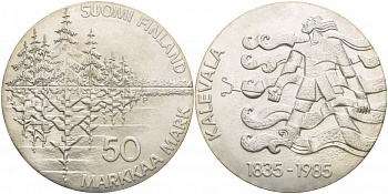 Финляндия 50 марок 1985 P-N, 150 лет национальному эпосу "Калевала" KM 62 серебро 1520-1232