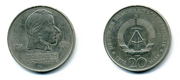 ГДР 20 марок 1972 А, Фридрих Шиллер (1759-1805) KM 40 медно-никель 37-936