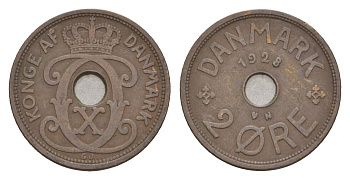 Дания 2 эре 1928 N, Кристиан X (1912-1947) KM 827 бронза 4658-223