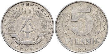 ГДР 5 пфеннигов 1975 A KM 9.1 алюминий 218-765